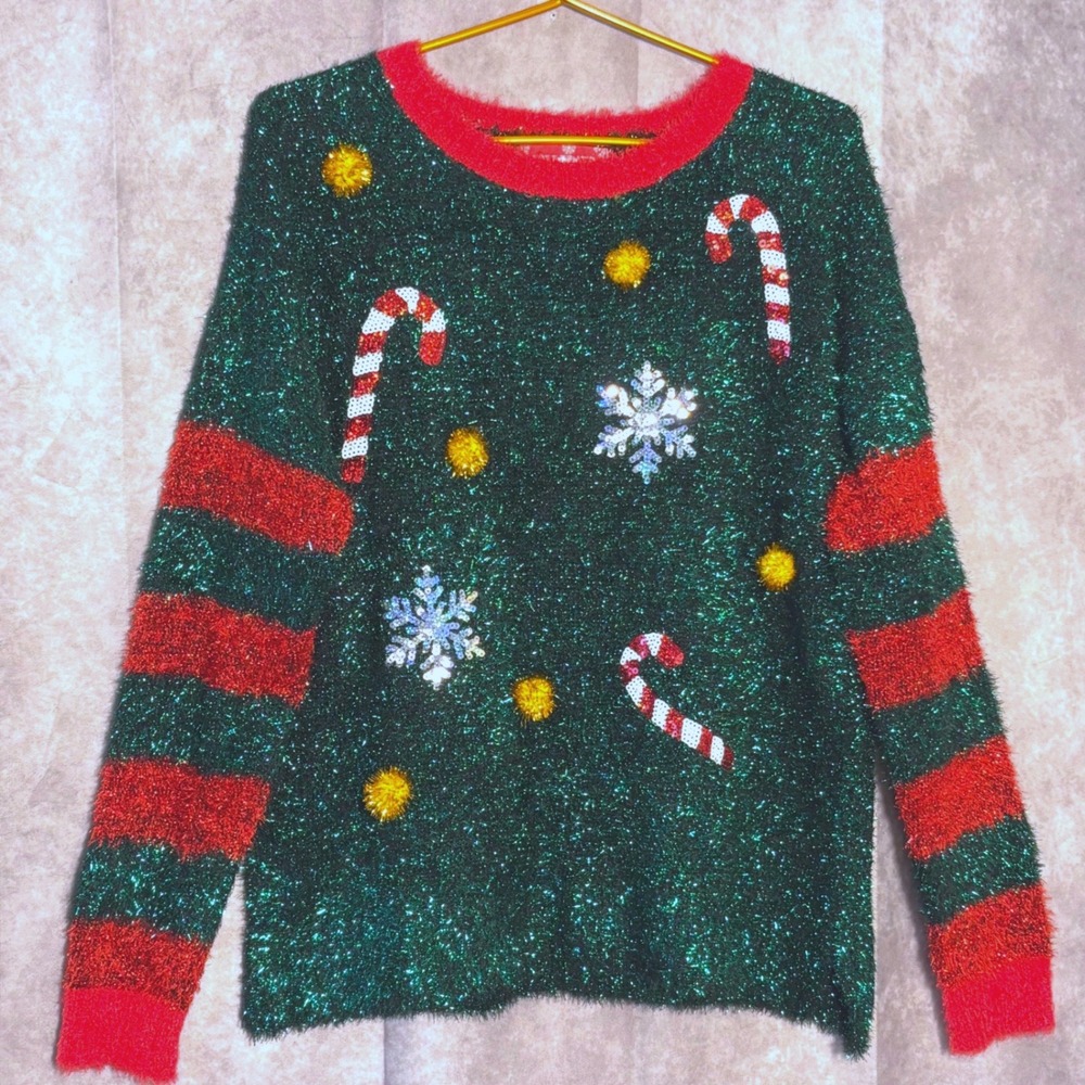Jollidays Tinsel Christmas Ugly Sweater Womens Medium Green Red Festive